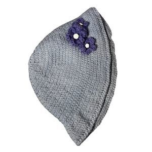 Crochet Grey Hat with Purple Flowers